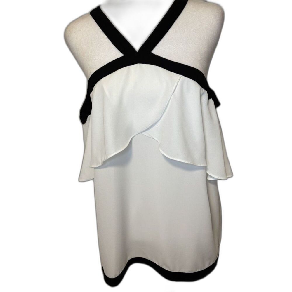 INC International Concepts White Ruffle Halter Top Black Trim Criss-Cross Back